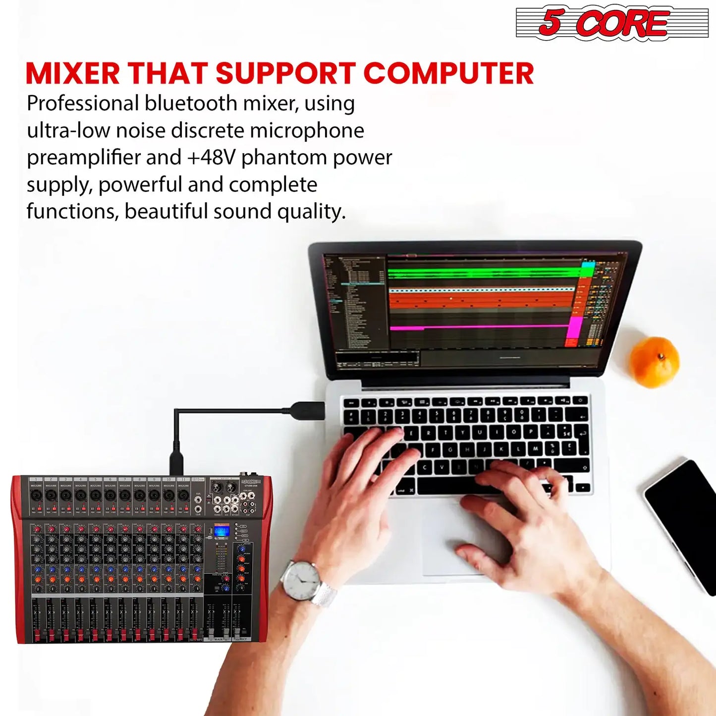 5 Core Audio Mixer 12 Channel DJ Equipment with Bluetooth USB Sound Board Console