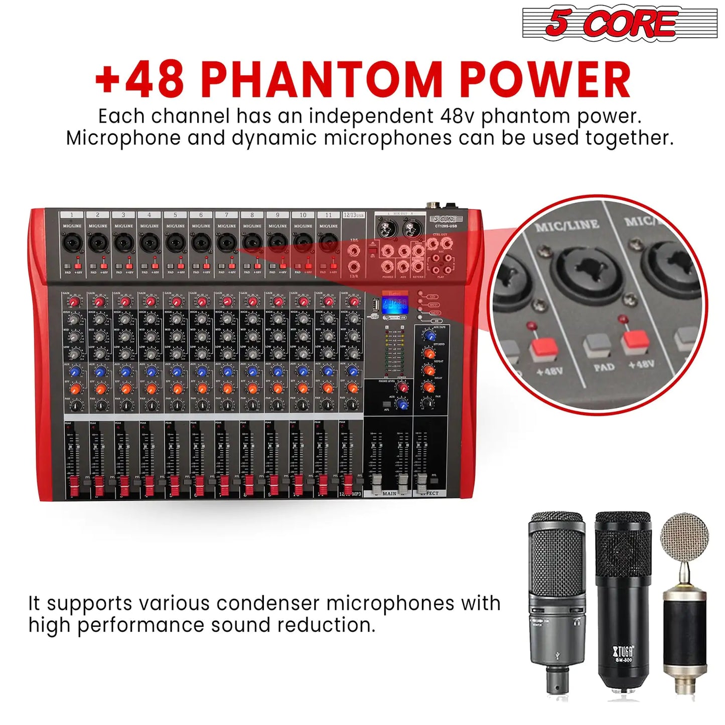 5 Core Audio Mixer 12 Channel DJ Equipment with Bluetooth USB Sound Board Console